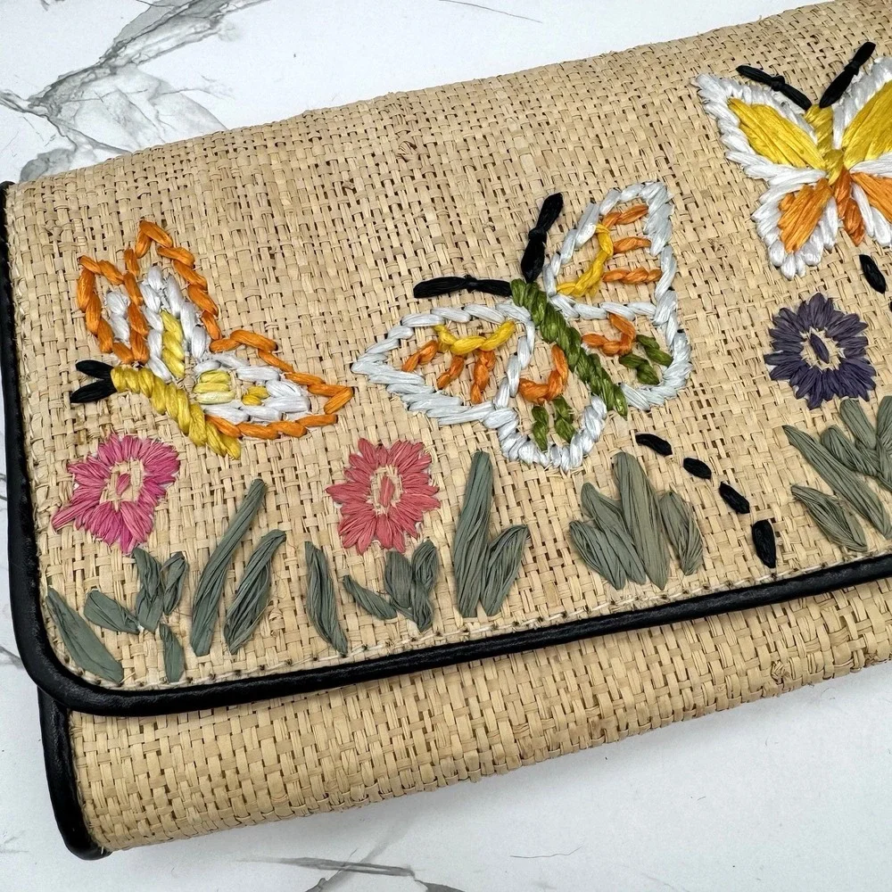 Vintage Straw Clutch Purse Lord & Taylor Boho Kitsch Butterflies Floral Lined‎